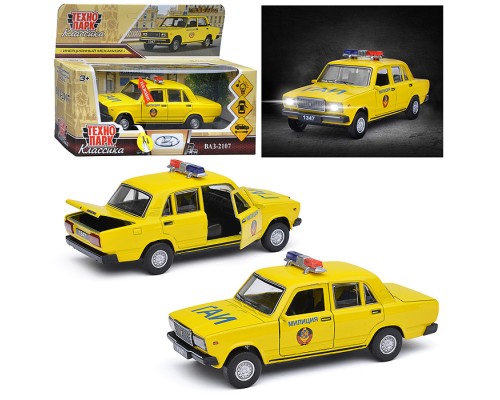 Машина металл ВАЗ-2107 Полиция 12 см, (св-зв, дв, баг,ин, желтый) инерц., в коробке