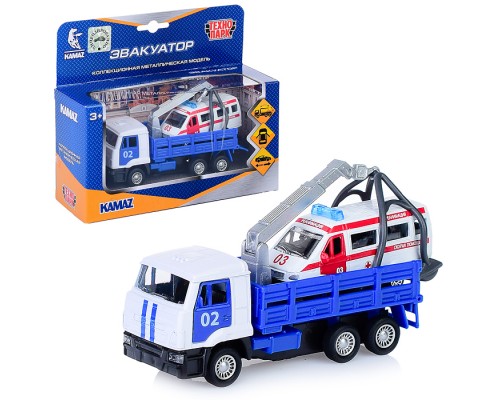 Машина металл KAMAZ Эвакуатор, 12 см, дв., подв.дет., инерц.+скорая 7,5 см.
