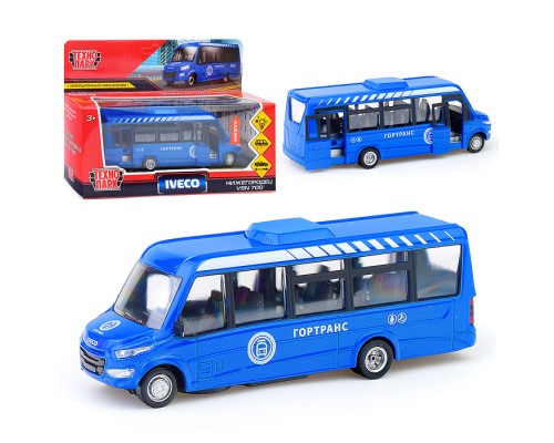 Машина металл Автобус Iveco Daily 15 см, (свет-звук двери, синий) инерц, в коробке
