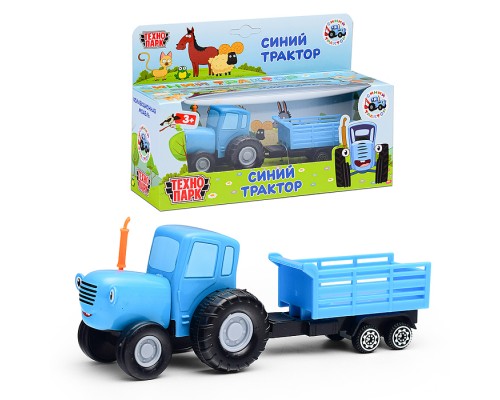 Машина металл Синий трактор с телегой 7,5 см, кор.