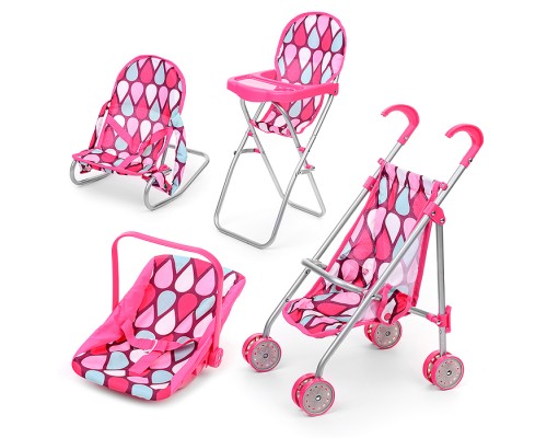 Набор аксессуаров для кукол (стульчик для кормления, коляска, шезлонг, люлька для переноски), цвет розовая капля