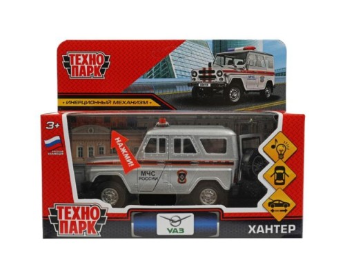 Машина металл свет-звук УАЗ Хантер МЧС длина 12 см, двер, багаж, инерц.
