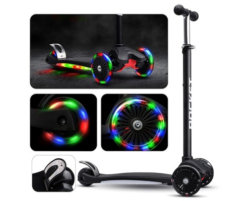 Самокат 3-х колесный ROCKET,колеса PU со светом, ABEC 7, черный