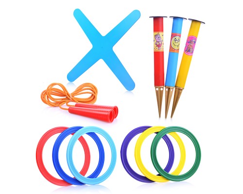 Игровой набор 3 в 1 "Лето в движении" (мини) -  кольцеброс для игры на улице (3 стойки, 6 колец), скакалка 2,8м., бумеранг Моно четырехлопастной