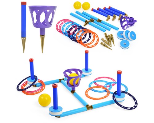 Плавающий кольцеброс - шароброс 3в1 (дом/улица/вода). 4 стойки + 8 колец, 1корзинка + 2 мяча, клин - 5 шт, поплавок - 4шт.