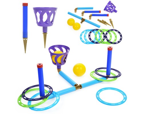 Кольцеброс - шароброс 2 в 1 (дом/улица).  2 стойки + 6 колец, 1 корзинка + 2 мяча, клин - 3 шт.