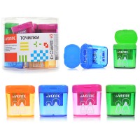 Точилка для карандашей 2 отверстия разных диаметров, с контейнером, пластмассовая, в пластиковой тубе, ассорти с индивидуальной маркировкой