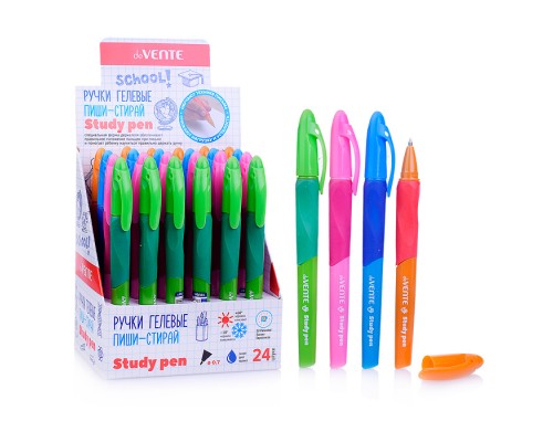 Ручка гелевая стираемая "Study Pen" обучающая письму, для левшей, d=0,7 мм, с каучуковым держателем, с ластиком в колпачке, сменный стержень, с индивидуальной маркировкой, в картонном дисплее, синие чернила
