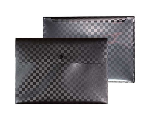Папка-конверт на кнопке "TOTAL BLACK" A4 (320x230 мм) 400 мкм, фактура "шахматная доска" внешний карман сзади 180 мкм, черная, индивидуальная упаковка