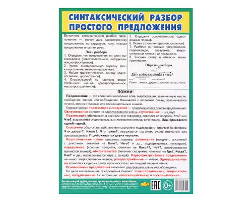 Плакат Синтаксический разбор простого предложения