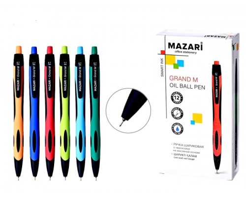 Ручка шариковая автоматическая GRAND M, синяя, серия Smart Ink, чернила на масляной основе (Индия), игольчатый пиш.узел 0.7мм (Индия), корпус пластиковый цветной, с покрытием Soft, сменный стержень 107 мм, картонная упаковка