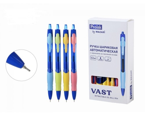Ручка шариковая автоматическая VAST, синяя, Jambo чернила на масляной основе, игольчатый пиш.узел 0.7мм, корпус пластиковый цветной, с мягким грипом из синтетического каучука, с увеличенным запасом чернил, сменный стержень 113 мм, ассорти 4 цвета, картон