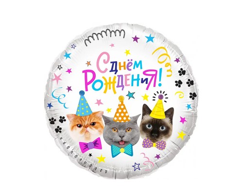 Шар (18''/46 см) Круг, Котики, С Днем Рождения!, 1 шт. в уп.