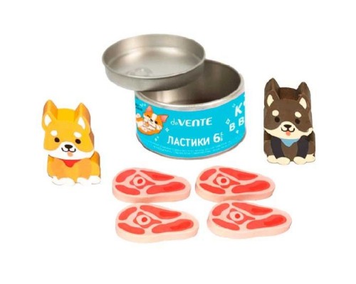 Набор ластиков "Happy Friends" 6 шт (2 щенка и 4 кусочка мяса) размер ластика в форме щенка 42x22x7 мм, размер ластика в форме кусочка мяса 40x21x5 мм, в жестяной баночке со штрих кодом
