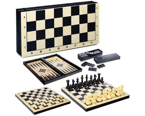 Игра 4 в 1 (Шахматы, шашки, нарды, домино, доска дерево+пластик)