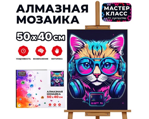 Мозаика алмазная "Кот в наушниках" 40*50см.