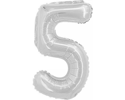 Шар с клапаном (16''/41 см) Мини-цифра, 5, Серебро, Металлик, 1 шт.