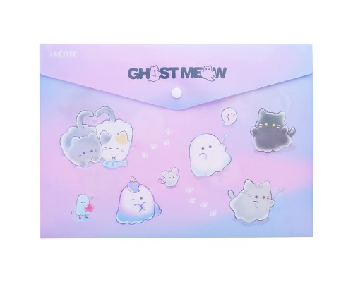 Папка-конверт на кнопке "Ghost Meow"  A4 (330x235 мм) 180 мкм, матовая полупрозрачная с рисунком, с искрящейся фактурой, индивидуальная маркировка