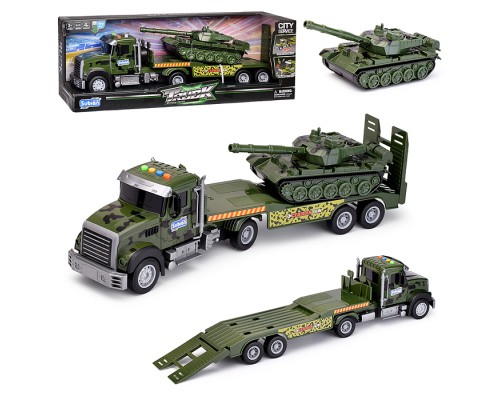 Автовоз "Военный с танком" 1:14, (свет, звук) в коробке
