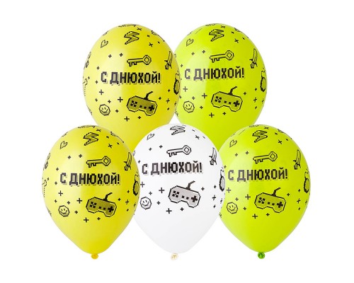 Шар латексный Шелкография пастель 14" С Днюхой Геймер (упаковка 25шт)