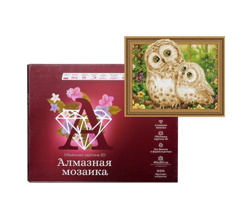 Алмазная мозаика 40х50 "Совушка" 3D с нанесенной рамкой (28 цветов)