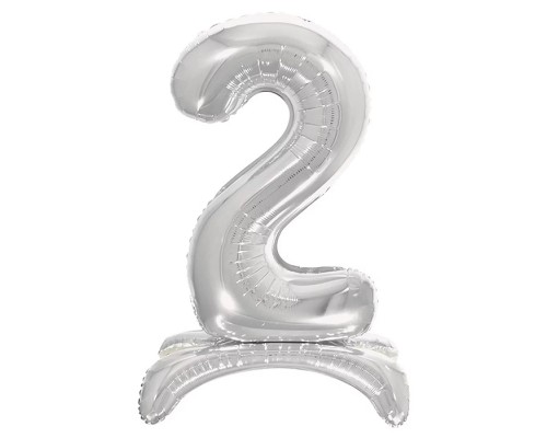 Шар (32''/81 см) Цифра на подставке, 2, Серебро, 1 шт. в уп.