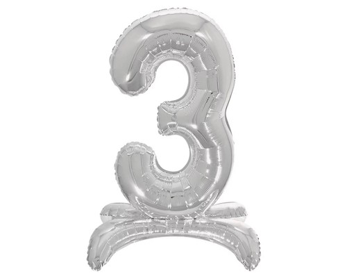 Шар (32''/81 см) Цифра на подставке, 3, Серебро, 1 шт. в уп.