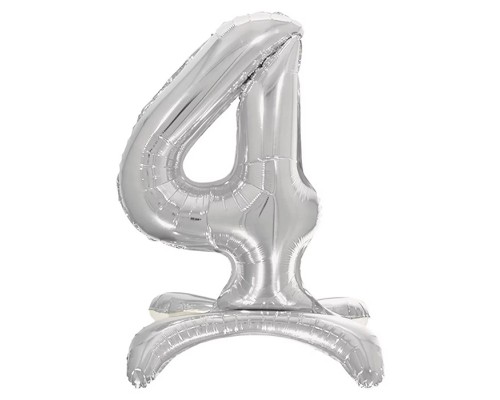 Шар (32''/81 см) Цифра на подставке, 4, Серебро, 1 шт. в уп.