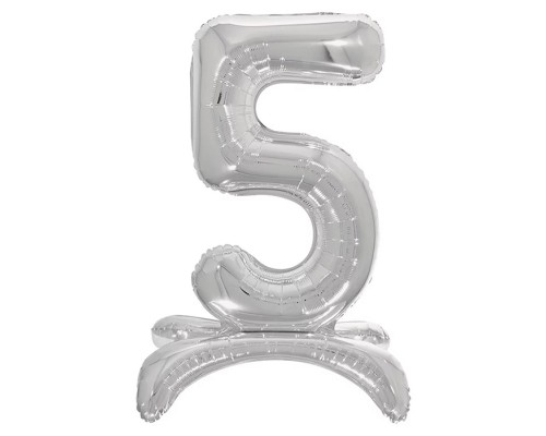Шар (32''/81 см) Цифра на подставке, 5, Серебро, 1 шт. в уп.