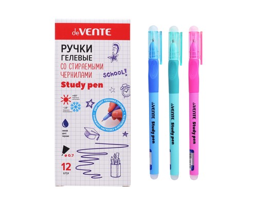 Ручка гелевая стираемая "Study Pen. School" d=0,7 мм, корпус ассорти 3 цвета с покрытием Velvet Touch, с эргономичным каучуковым держателем, с 2-мя ластиками (в колпачке и на конце корпуса) сменный стержень, индивидуальная маркировка, синяя