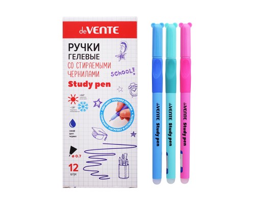 Ручка гелевая стираемая "Study Pen. School" d=0,7 мм, корпус ассорти 3 цвета с покрытием Velvet Touch, с эргономичным каучуковым держателем, с ластиком, колпачок с ушками, сменный стержень, индивидуальная маркировка, синяя