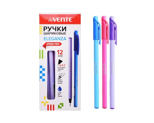 Ручка шариковая "Eleganza" серия Speed Pro, d=0,7 мм, ультра гладкое письмо, чернила на масляной основе, игольчатый пишущий узел, цветной корпус, цвета корпуса ассорти, одноразовая, индивидуальная маркировка, синяя, в картонной коробке