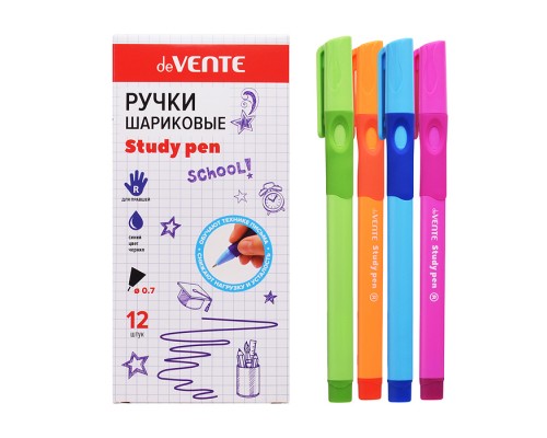 Ручка шариковая "Study Pen. School" обучающая письму, для правшей, d=0,7 мм, с эргономичным каучуковым держателем, сменный стержень, с индивидуальной маркировкой, синие чернила