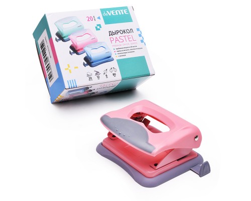 Дырокол "Pastel" (20 листов) пластиковый с каучуковой вставкой, с линейкой, в картонной коробке, розовый