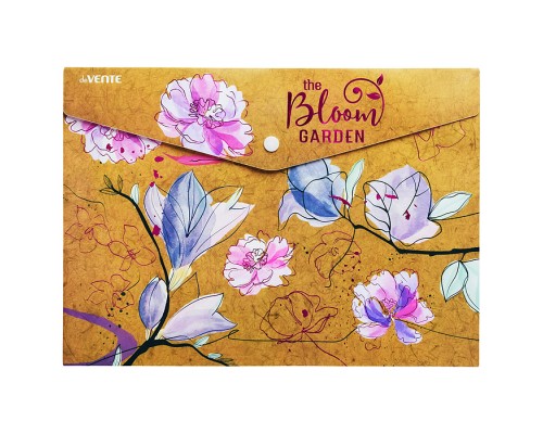Папка-конверт на кнопке A4 "Bloom Garden" (330x235 мм) 180 мкм, фактура крафт-имитация с рисунком, тиснение фольгой, индивидуальная маркировка