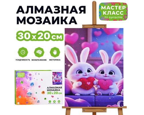 Мозаика алмазная "Зайчата с сердечками" 20*30см.