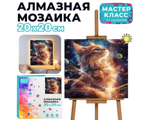 Мозаика алмазная "Космический кот" (светится в темноте) 20*20 см.