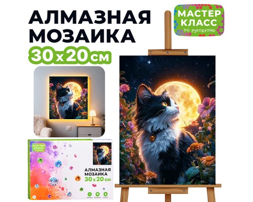 Мозаика алмазная "Черно-белый котик" (светится в темноте) 30*20 см.
