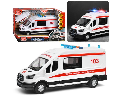 Машина пластик свет-звук Ford transit "Скорая" 22,5 см. (двери) 4 кнопки