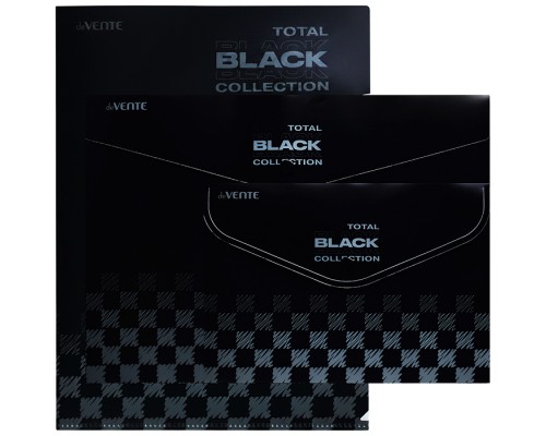 Набор папок "TOTAL BLACK" A4 (330x235 мм) 180 мкм, 3 папки, состав набора: папка-конверт на кнопке A4 (330x235 мм), папка-конверт на кнопке А5 (240x180 мм), папка-уголок A4 (220x310 мм), с дизайном, в пластиковом пакете