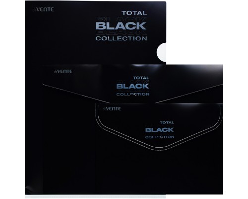 Набор папок "TOTAL BLACK" A4 (330x235 мм) 180 мкм, 3 папки, состав набора: папка-конверт на кнопке A4 (330x235 мм), папка-конверт на кнопке А5 (240x180 мм), папка-уголок A4 (220x310 мм), с дизайном, в пластиковом пакете