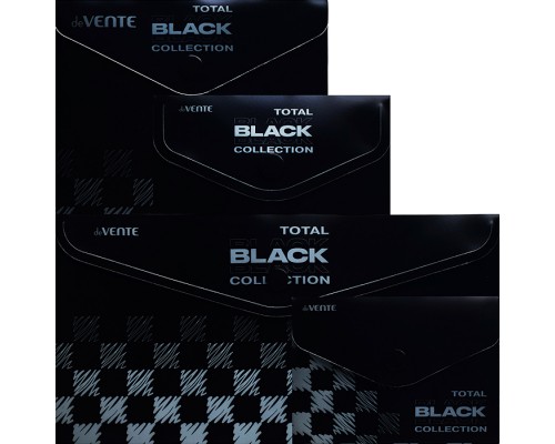 Набор папок "TOTAL BLACK" A4 (330x235 мм) 180 мкм, 4 папки, состав набора: папка-конверт на кнопке A6- (115x157 мм), папка-конверт на кнопке A6 (140x170 мм), папка-конверт на кнопке A7 (105x74 мм), папка-конверт на кнопке DL (260x140 мм), с диза