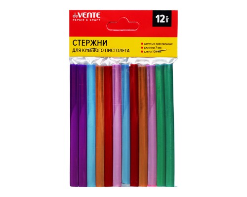 Клеевые стержни "REPAIR & CRAFT" &Oslash; 7 мм, цветные (ассорти) кристальные, длина 100 мм, 12 шт в упаковке c картонным европодвесом