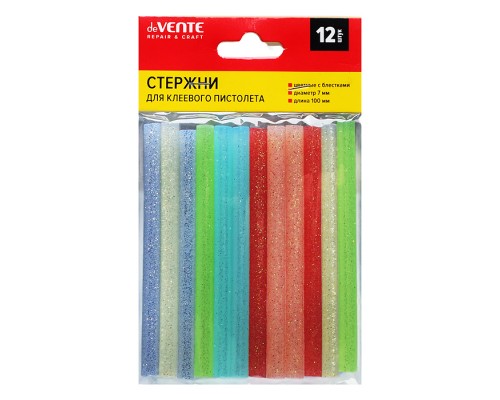 Клеевые стержни "REPAIR & CRAFT" &Oslash; 7 мм, цветные (ассорти) с блестками, длина 100 мм, 12 шт в упаковке c картонным европодвесом