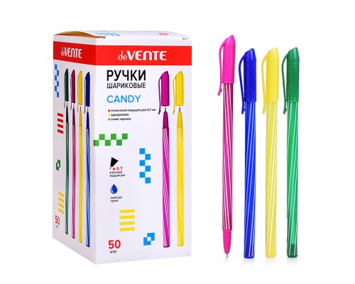 Ручка шариковая "Candy" d=0,7 мм, цветной полосатый корпус, игольчатый пишущий узел, одноразовая, индивидуальная маркировка, цвета корпуса ассорти, в пластиковой тубе, синяя