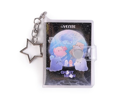 Записная книжка "Ghost Meow" A8 60л. (50 ммx70 мм) белая бумага 80 г/м&sup2; с цветным дизайном, съемная обложка из PVC с блёстками на кнопке и декоративным элементом, в пластиковом пакете