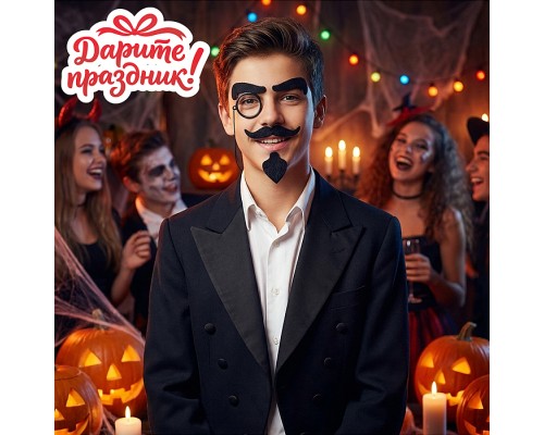 Карнавальный набор "Борода, усы, брови и монокль" цвет черный