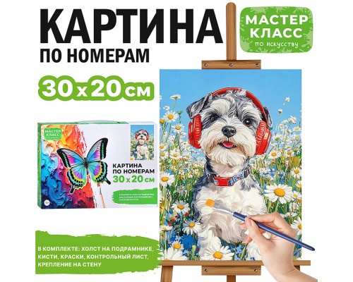Картина по номерам "Щенок в наушниках" 30*20 см.