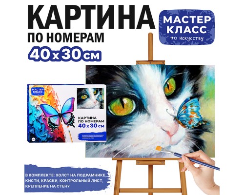 Картина по номерам "Котик с бабочкой" 40*30 см.
