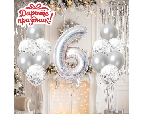 Интерьерное украшение Набор шаров "Цифра 6 и 12 шаров" цвет серебристый
